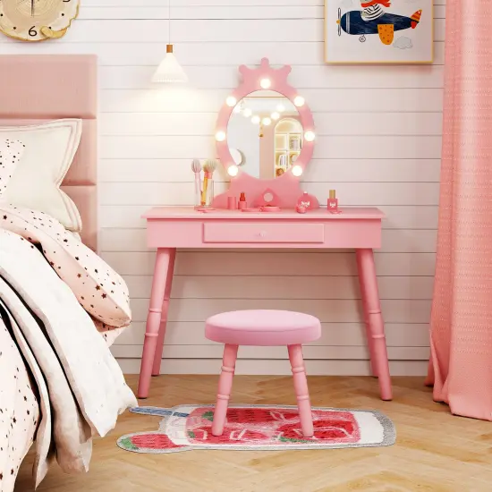MDF and Wood Kids Vanity Set with LED Mirror, Drawer and Padded Stool Pink {2}