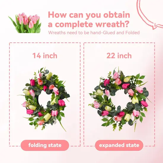 22" Tulip Summer Floral Wreath for Front Door, Summer Floral Wreath with Eucalyptus Leaves, Money Plant, Ferns for Indoor Outdoor Wall Festival Home Farmhouse Wedding Summer Home Decor {3}