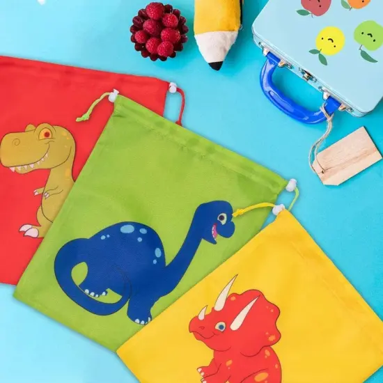 Drawstring Bags - 12-Pack Party Favor Bags for Kids Dinosaur Birthday, 3 Assorted Designs, Goodie Treat Bags, Dino Themed Party Supplies, For Giveaways and Gifts, Green, Red, Yellow, 9.7 x 12 Inches {2}