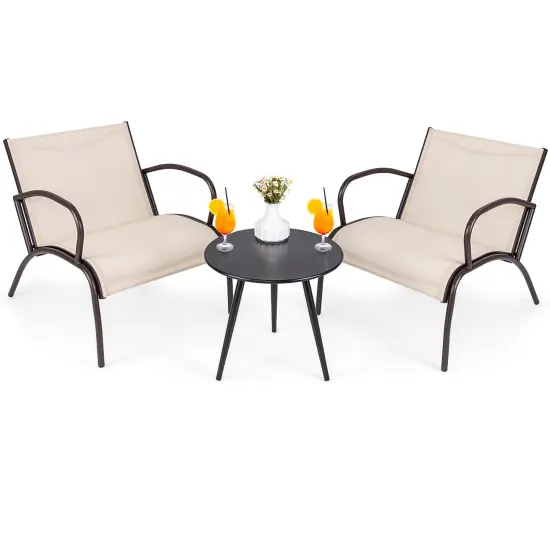 3 Piece Patio Wide Armchair Set Including Round Coffee Table with Metal Frame {4}