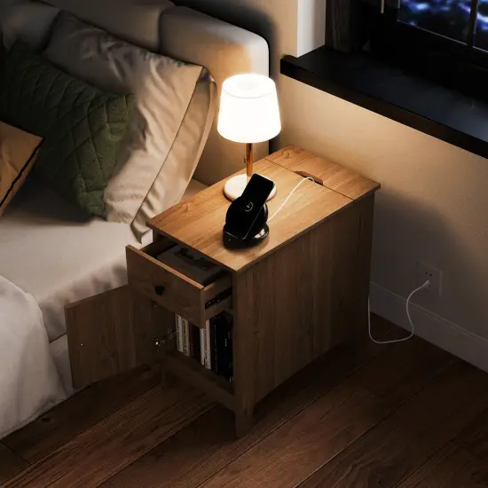Flip Top Beside End Table with Charging Station Power Outlets and Pull-Out Drawer and Cabinet Natural {3}