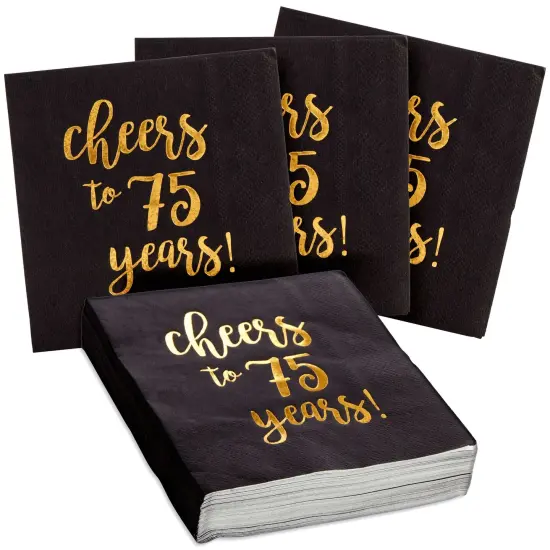 50 Pack Cheers to 75 Years Black and Gold Paper Cocktail Napkins for 75th Birthday Party Supplies, Table Decorations (5 x 5 in) {1}