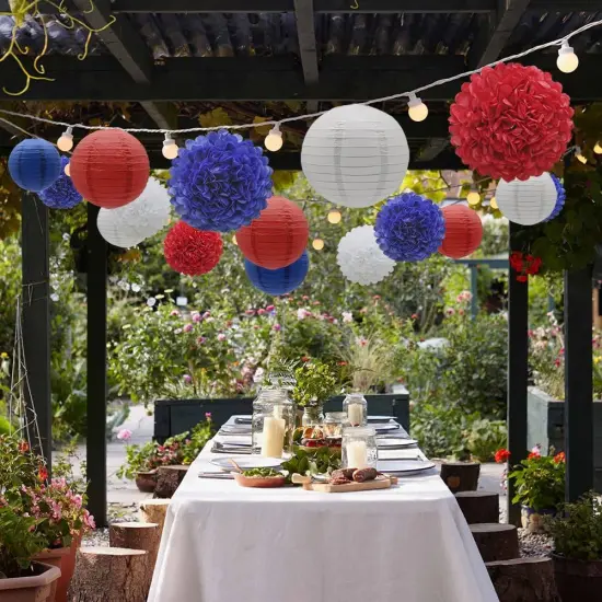 Hanging Party Decorations Set, 15pcs Navy Blue White Red Paper Flowers Pom Poms Balls and Paper Lanterns for 4th of July Decorations Patriotic Decoration Wedding Birthday Baby Shower {4}