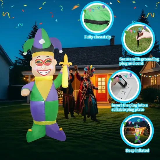 2025 New] 5FT Huge Clown Inflatable, Mardi Gras Inflatable Decoration Decorations, Build-in LED Lights,Mardi Gras Blow up Outdoor Yard Decorations for Party, Indoor Home Celebration Garden Lawn {2}