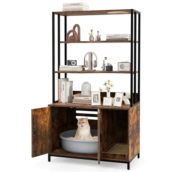 MDF Metal Cat Cabinet with Scratcher, Cat Litter Box Enclosure , Storage and Side Entry Rustic Brown {4}