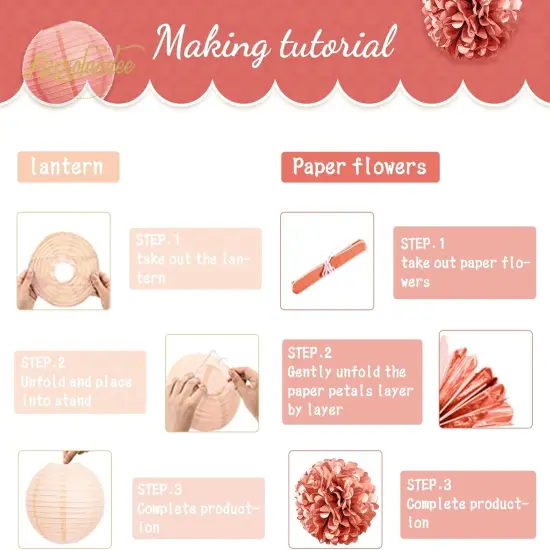 Wedding Party Decorations, 12 PCS Rose Pink Floral Paper Lanterns Tissue Pom Poms Backdrop Decoration for Pink Boho Wedding Bridal Shower Birthday Tea Party Decor {3}