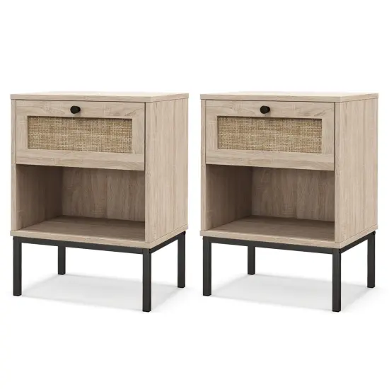 Rattan Nightstand Boho End Table with Rattan Drawer and Open Shelf Set of 2-Oak {1}