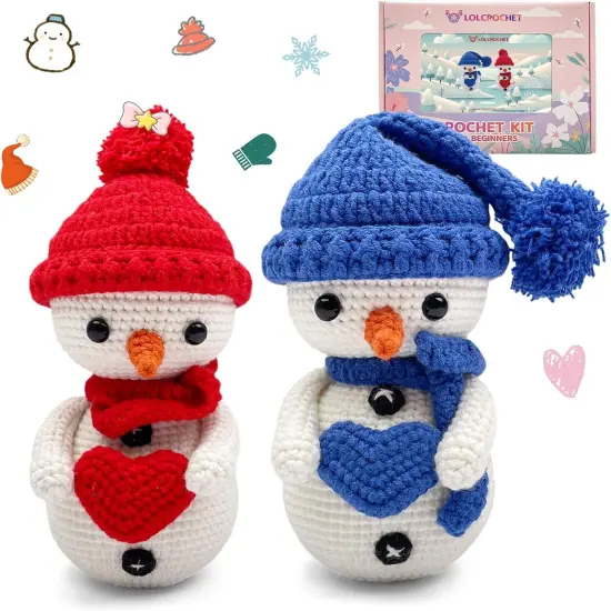 Snowman Crochet Kit for Beginners, Couple Snowmen DIY Amigurumi Starter Set {2}