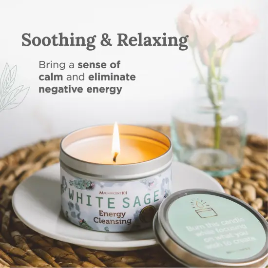 Magnificent 101 Long Lasting White Sage Scented Smudge Candle | 6 Oz - 35 Hour Burn | Made of Soy Wax for House Energy Cleansing Purification, Chakra Healing & Manifestation {4}