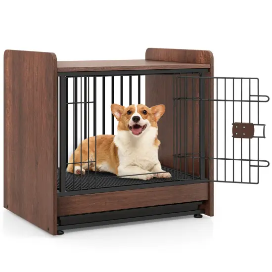 Rustic Brown 2-in-1 Wooden Dog Crate End Table with Removable Pull-Out Tray and Lockable Door {4}