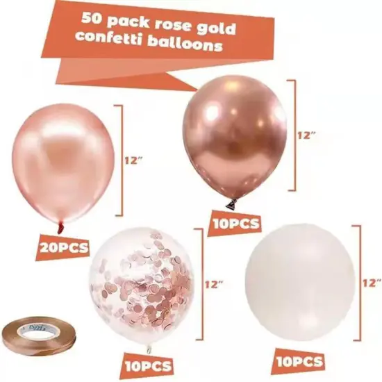 Rose Gold Confetti Balloons, 50 Pack Rose Gold White Balloons and Rose Gold Metallic Balloons for Birthday Wedding Engagement Bachelor Bridal Shower Party Decorations&hellip; {2}