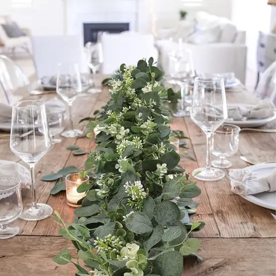 Artificial Eucalyptus Leaves Greenery Garland 2 Packs Faux Eucalyptus Garland Plant Spring Garland Vines with White Flowers Berries Table Runner for Wedding Arch Home Party Mantle Decor {4}