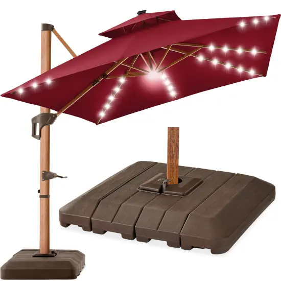 Best Choice Products 10ft Square Woodgrain Pattern 2-Tier Outdoor Solar LED Cantilever Umbrella w/ Base Burgundy {1}