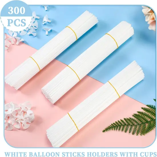 300 Pcs Plastic Balloon Stick with Cup, Balloon Stick with Base Holder Stand for Birthday Wedding Graduation Prom Baby Shower Party Decoration Supplies(White) {4}