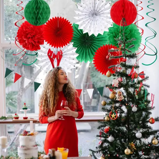 Red-Green White Christmas Party-Decorations - 33pcs Banner,Mexico Italy Streamers Tassel Garland,Tissue Pom Poms Honeycomb,Paper Lantern Fans,Mexican Italian Birthday Wedding Baby Shower Decor {4}