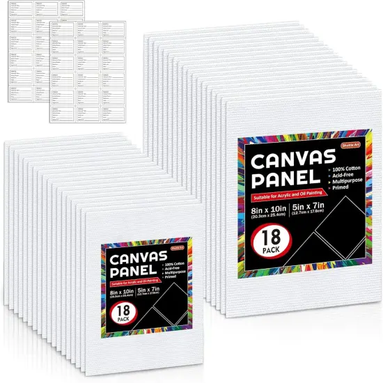 Painting Canvas Panels, 36 Pack, 5x7, 8x10in (18 of Each), 100% Cotton, Primed White Canvas Boards for Painting, Blank Canvases for Kids, Adults & Artists for Acrylic and Oil Painting {1}