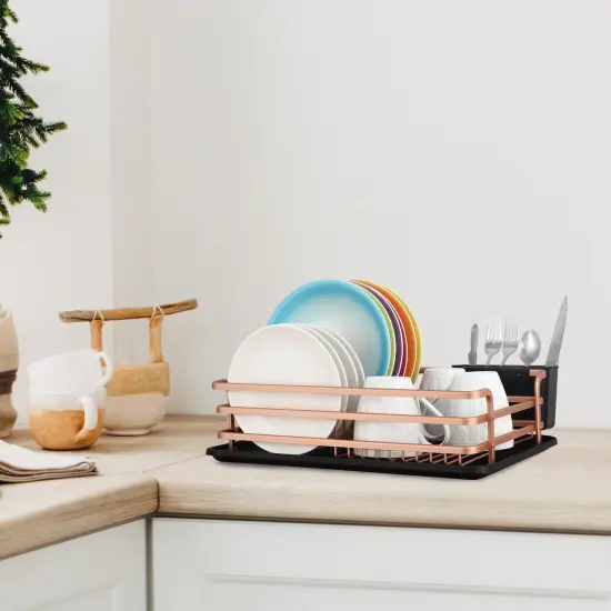 Smart Space-Saving Steel Dish Drying Rack with Removable Cutlery Holder & Drainer Tray &ndash; Anti-Slip Base &ndash; Compact for Apartments (16.92&rdquo;L x 12.4&rdquo;W) Gold {5}