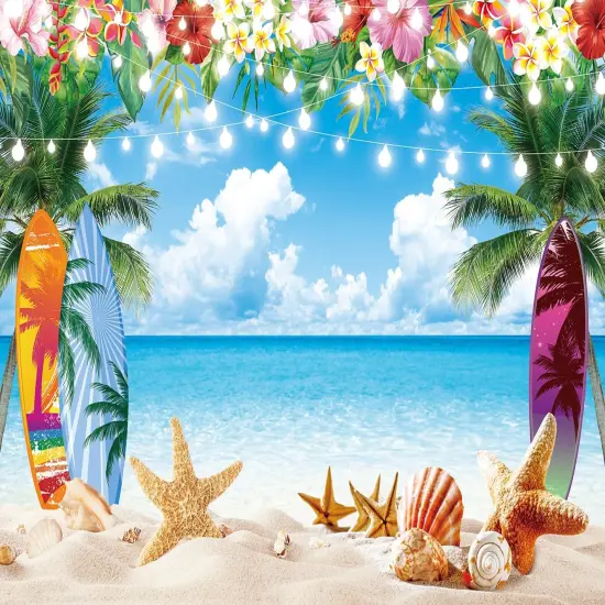Summer Hawaiian Beach Backdrop Tropical Palm Flower Surfboard Starfish Glitter Beach Photography Background {2}