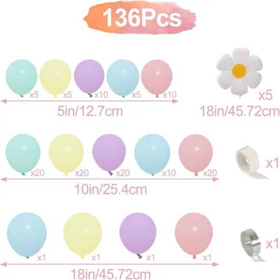 Daisy Balloon Arch Garland Kit - 136Pcs Pastel Rainbow Balloon Arch Kit - Birthday Balloons, White Groovy Flower Macaron Pink Yellow Blue Purple Balloons for First Birthday Wedding Party Decorations {2}
