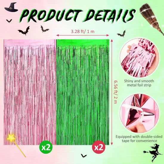 4 Pack 3.28 x 6.56 ft Streamers Backdrop Party Decoration Witch Party Decor Metal Tinsel Foil Fringe Curtains Backdrop Curtains Streamer for Witch Decor(Pink and Green,Tinsel Curtain) {2}