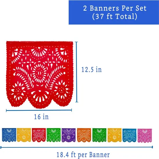 Mexican Party Banners (2 Pack with 10 Plastic Flags per Banner) - Papel Picado Mexicano Para Fiesta - Plastic Papel Picado - Fiesta Themed Party Decorations - Mexican Decor {3}