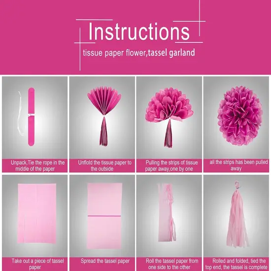 Hot Pink White Party Decorations - 23pcs Tissue Paper Flower Pom Poms Tassel Garland Pennant Banner Flags Streamers Women Girl Birthday Baby Bridal Shower Engagement Bachelorette Wedding Hanging Decor {4}