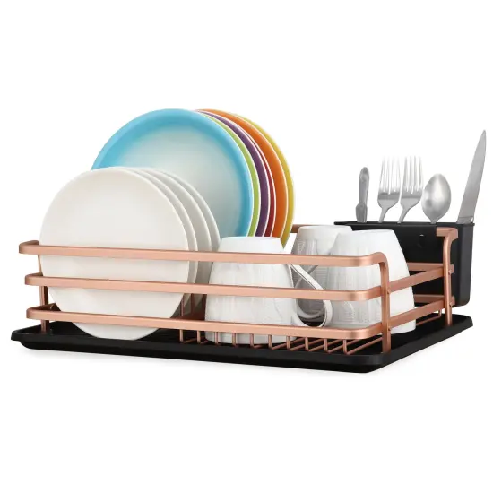 Smart Space-Saving Steel Dish Drying Rack with Removable Cutlery Holder & Drainer Tray &ndash; Anti-Slip Base &ndash; Compact for Apartments (16.92&rdquo;L x 12.4&rdquo;W) Gold {1}