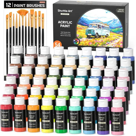 54 Colors Acrylic Paint, Shuttle Art Acrylic Paint set with 12 Paint Brushes, 2oz/60ml Bottles, Rich Pigmented, Water Proof, Premium Paints for Artists, Beginners and Kids on Canvas Rocks Wood Ceramic {1}