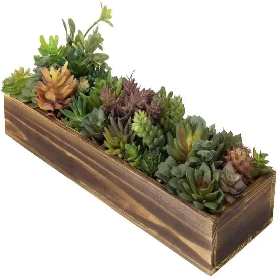 Artificial Succulent Centerpiece, 15.75 Inch Faux Succulents Arrangement Plants in Rustic Burnt Wood Rectangular Planter Box {1}