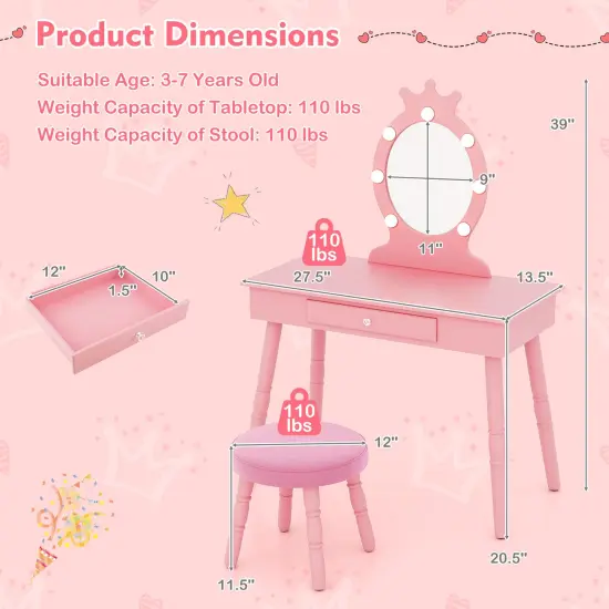 MDF and Wood Kids Vanity Set with LED Mirror, Drawer and Padded Stool Pink {5}