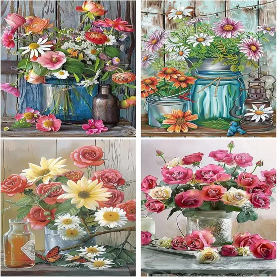 5D Diamond Painting Kits for Adults, Diamond Arts Kits Diamond Art Sets,Gem Painting by Number Kits for Adults Beginners Home Wall Decor 11.8x15.7 Inches 4 Pack Flowers {1}
