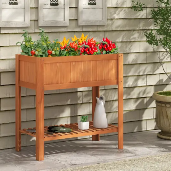 Reddish Brown Fir Wood Raised Garden Bed with Planter Box and Bottom Shelf {3}