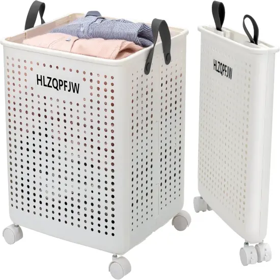 Collapsible laundry hamper, laundry hamper with wheels, laundry hamper with wheels, dorm laundry hamper, laundry basket plastic，35, 50, 60 liter large capacity (White, Extra large) {1}