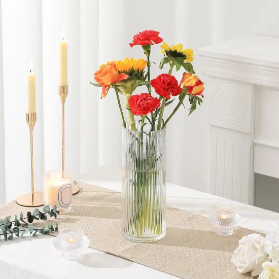 Clear Glass Vase, Glass Flower Vase, Ribbed Glass Vase, Clear Vase, Tall Cylinder Glass Vases for Centerpieces, Living Room, Dining Table, Office, Wedding, Bookshelf Decoration, 9.8 Inches {2}