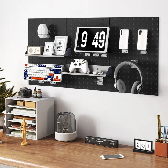 28 Pieces Wall-Mounted Pegboard Kit with 2 Storage Shelf Ideal for Garage Workshop Black {1}