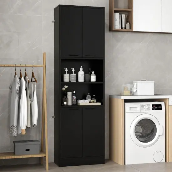Black Engineered Wood MDF Metal Kitchen Pantry Cabinet with Storage Shelves {2}