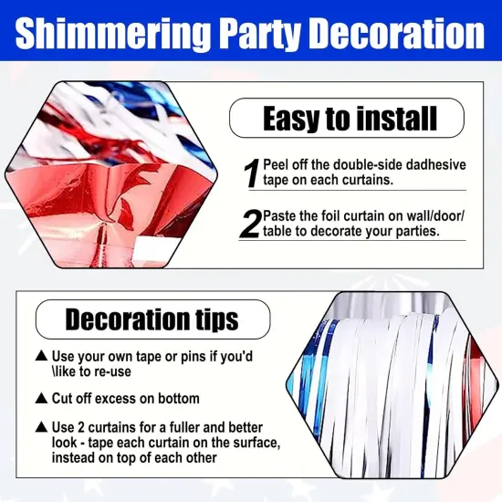6 Pack White Blue Red Foil Fringe Curtain Backdrop, 3.28Ft x 6.6Ft Metallic Tinsel Foil Fringe Streamer Curtains {2}