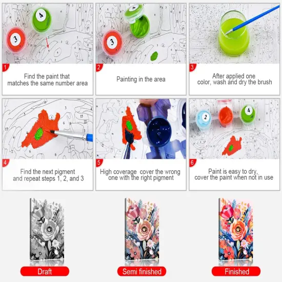 Colorful Flowers Paint by Numbers Adult Floral Adults' Paint-by-Number Kits Abstract Watercolor DIY Paint by Numbers for Adults Oil Hand Painting Canvas Art Crafts 16x20 Inch Without Frame {4}