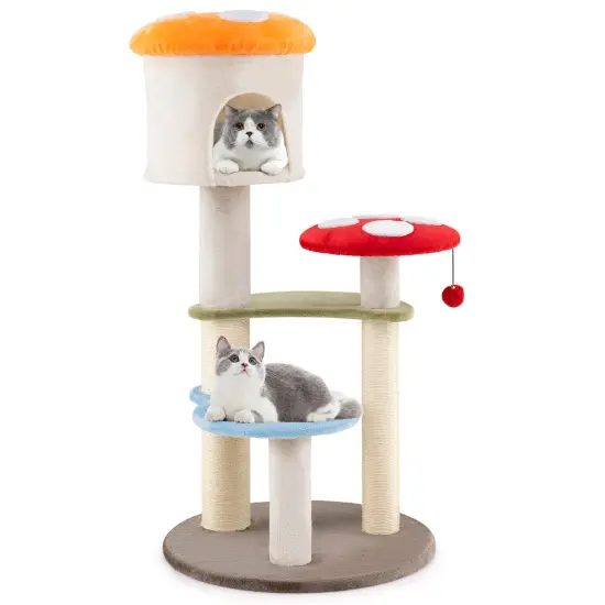 Multi-Color Plush Mushroom Cat Tree with Sisal Scratching Posts, Condo and Platforms {4}