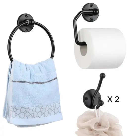4-Piece Wall-Mounted Bathroom Accessories Set Matte Black Towel Ring, Toilet Paper Holder & 2 Double Robe Hooks Space-Saving Modern Bathroom Hardware {1}
