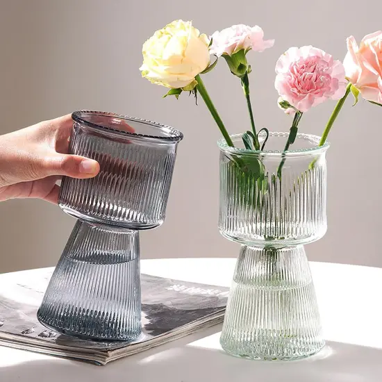 H7.5 inch Clear Vase, Ribbed Glass Vase Crystal Glass Flower,for Rustic Home Decor,Modern Farmhouse,Decorative Vases Flowers for,Ideal for Shelf,Table Entryway Decor {4}