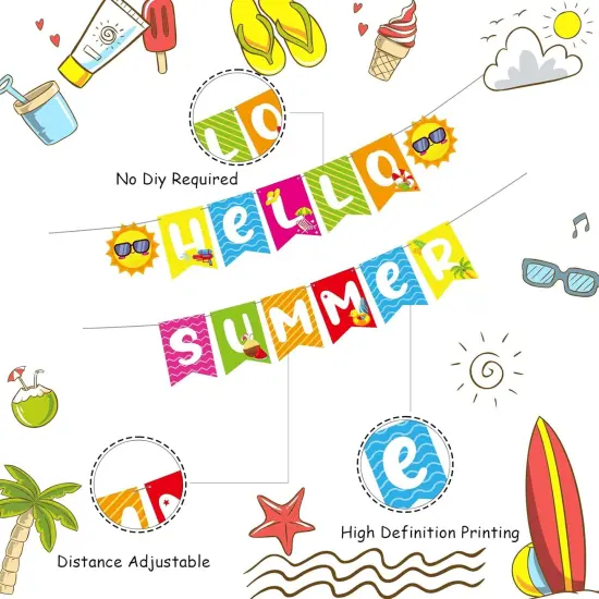 Hello Summer Banner - No DIY, Summer Banner for Summer Party Decorations, Hello Summer Sun Signs for Birthday Beach Pool Decorations, Tropical Party Decorations {3}