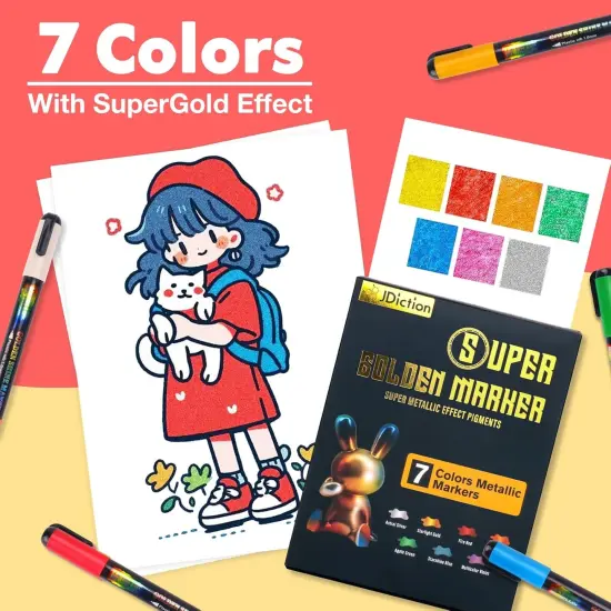 JDiction Metallic Permanent Markers, 7 Colors Glitter Metallic Markers, High Gloss, Waterproof, Scrapbook Supplies, Resin Crafts Supplies, Metallic Paint Pens for Crafts, DIY, Painting {9}