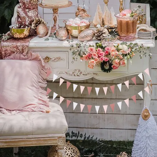 Pink-White Rose-Gold Party Decorations Banner - 2 Pack Engagement Baby Bridal Shower Paper Pennant Triangle Flags, Girl Birthday Bachelorette Mothers Day Wedding Bunting {4}