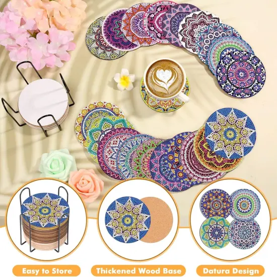 20 Pieces Diamond Art Painting Coasters Kit with Holder, Diamond Art Coasters, DIY Diamond Art Crafts Projects, Diamond Art Kits for Adults and Beginners(Mandala Style) {3}