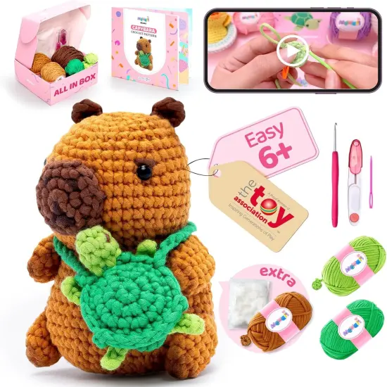 Crochet Kit for Beginners Level 1 with 40% Extra Eco-Friendly Pre-Started Easy Yarn, Step-by-Step Video Tutorials for Adults and Kids (Capybara) {1}