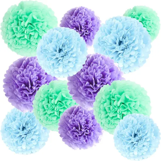 Paper Tissue Pom Poms,12 Pcs Purple Blue Green Pompoms Party Hanging Tissue Flowers for Birthday Bachelorette Baby Shower Mermaid Unicorn Party Decoration {1}