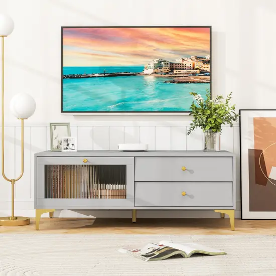 Grey MDF and Metal TV Stand with Tempered Glass, Storage Drawers and Modern Design {3}