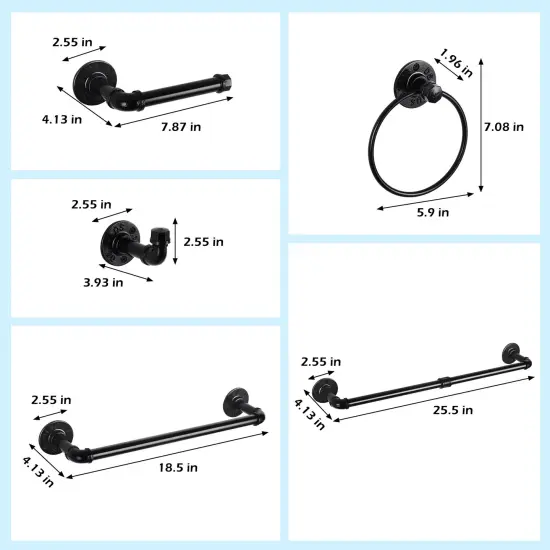 7pcs Black Metal Toilet Paper Holder & Towel Rack Set - Industrial Wall-Mounted Bathroom Hardware, Space-Saving No-Assembly Design with Chamfered Edges {3}