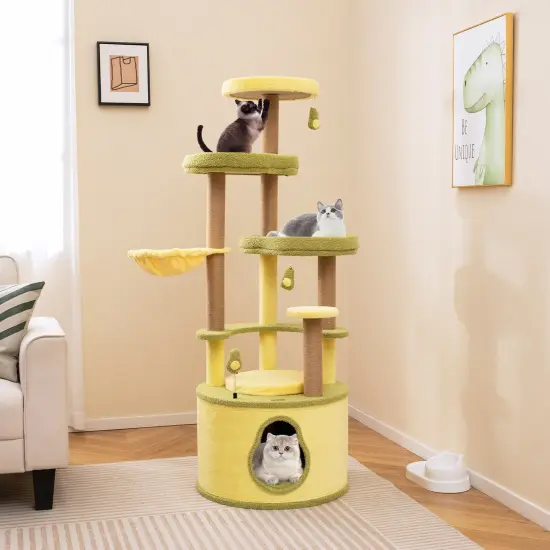 Green Engineered Wood Large Avocado Cat Tree with Scratching Posts, Perch and Toy {2}